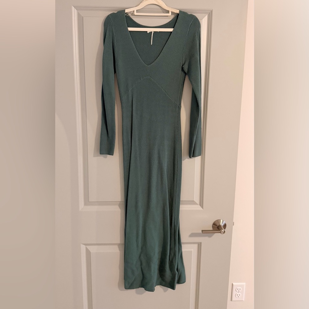 Nordstrom Stitchdrop Cozy Knit Sweater BodyCon V Neck Slate Green Blue Dress S